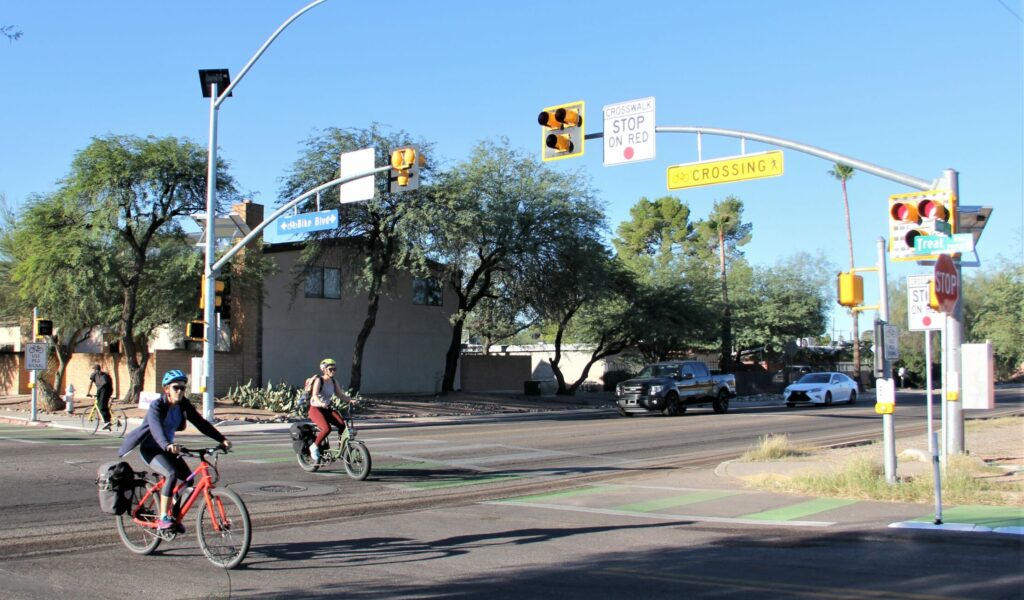 Cyclist riding on the Treat Rd Bike Boulevard.