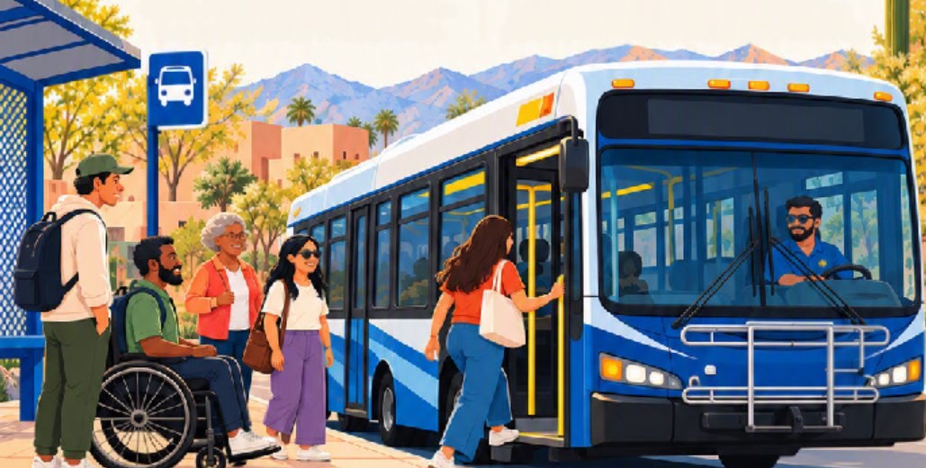 A generated stylized image of people getting on a bus.