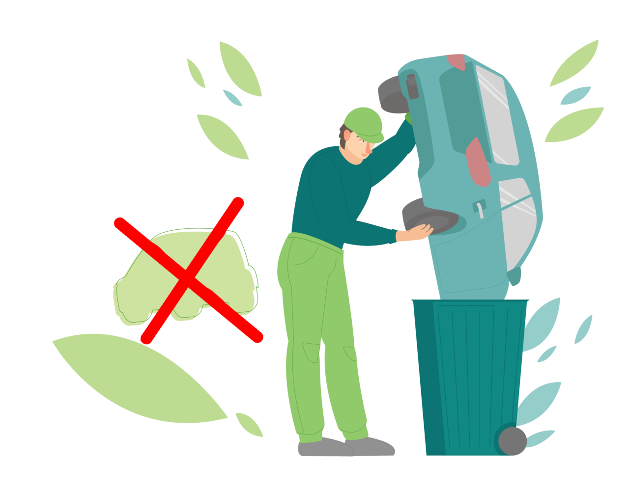 Stylized graphic showing man throwing car into garbage can for Car Free Day.