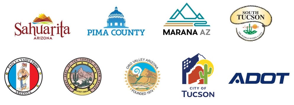 An image depicting the logos of Sahuarita, Pima County, Marana, South Tucson, Pascua Yaqui Tribe, Tohono O'odham Nation, Oro Valley, Tucson, and ADOT.